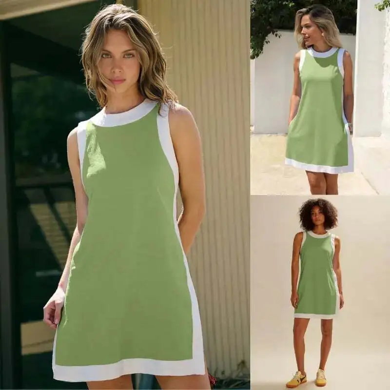 Women's 2-Piece Sets Color Block Crewneck Sleeveless Top + Skirt & Shorts w/ Pockets