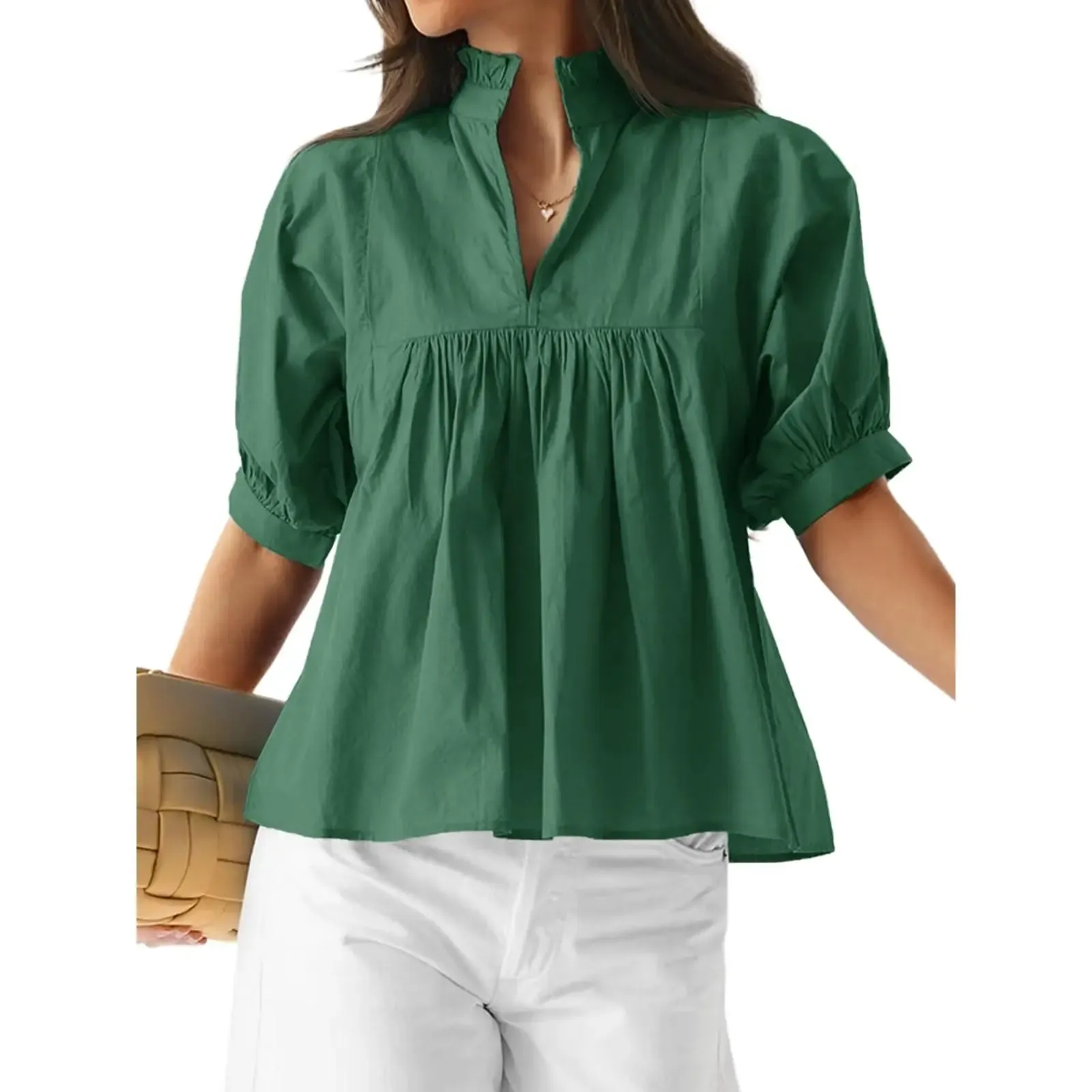 Womens V Neck Puff Sleeve Blouse Babydoll Peplum Tops Dressy Casual Pleated Loose Fit Shirts