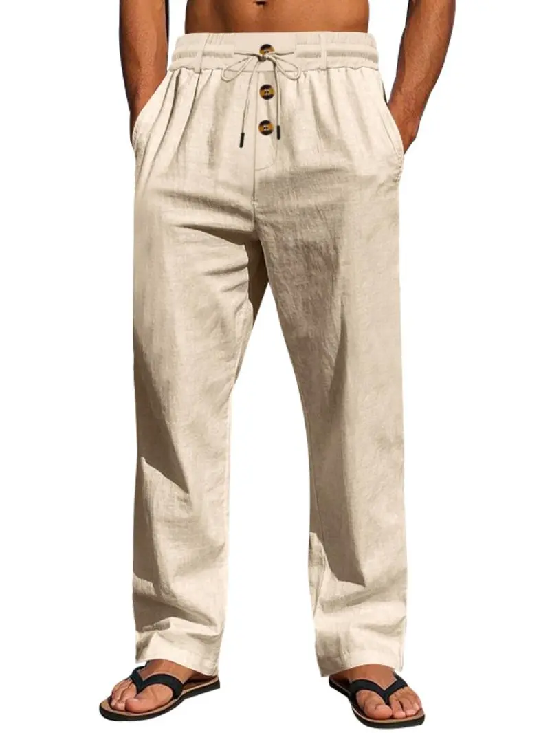 Men's Solid Button Design Linen Pants