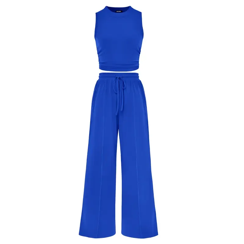 🔥Women's 2-Piece Outfits - Ribbed Knit Crew Neck Sleeveless Cropped Top & Wide Leg Pants Lounge Set