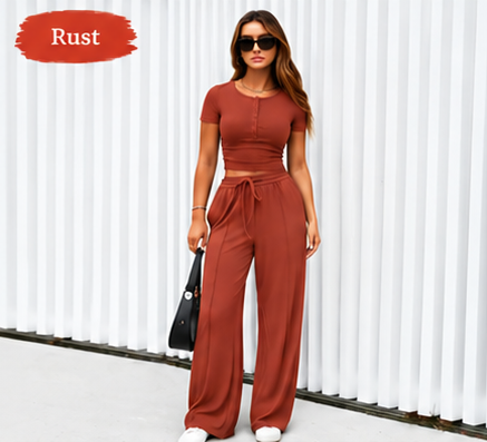 ⚡FINAL SALE⚡- Women's 2-Piece Outfits Summer Short Sleeve Crop Slim Fit Tops & Wide Leg Pants