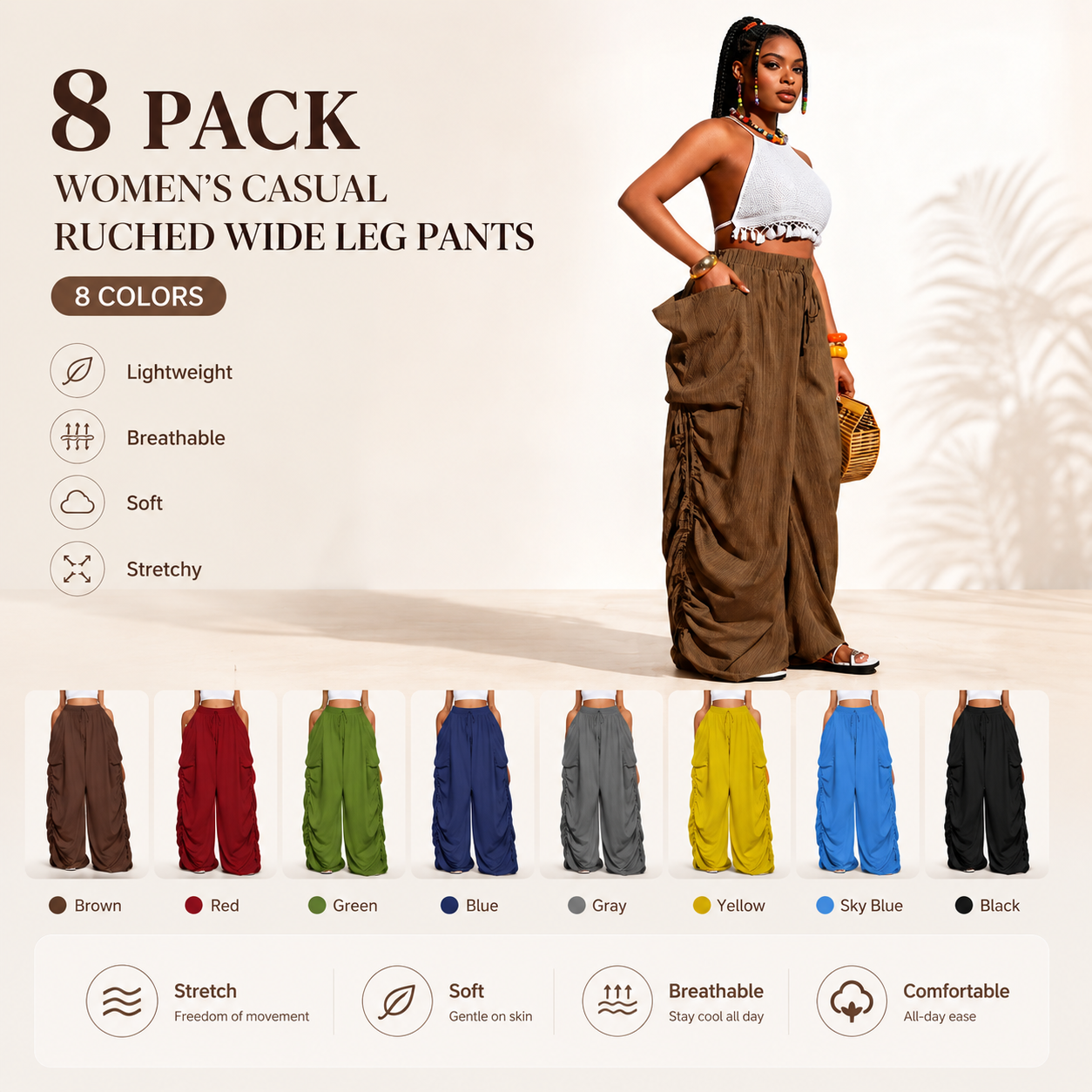 Women's Casual Loose-Fit Wide Leg Pants, Long Plain Design