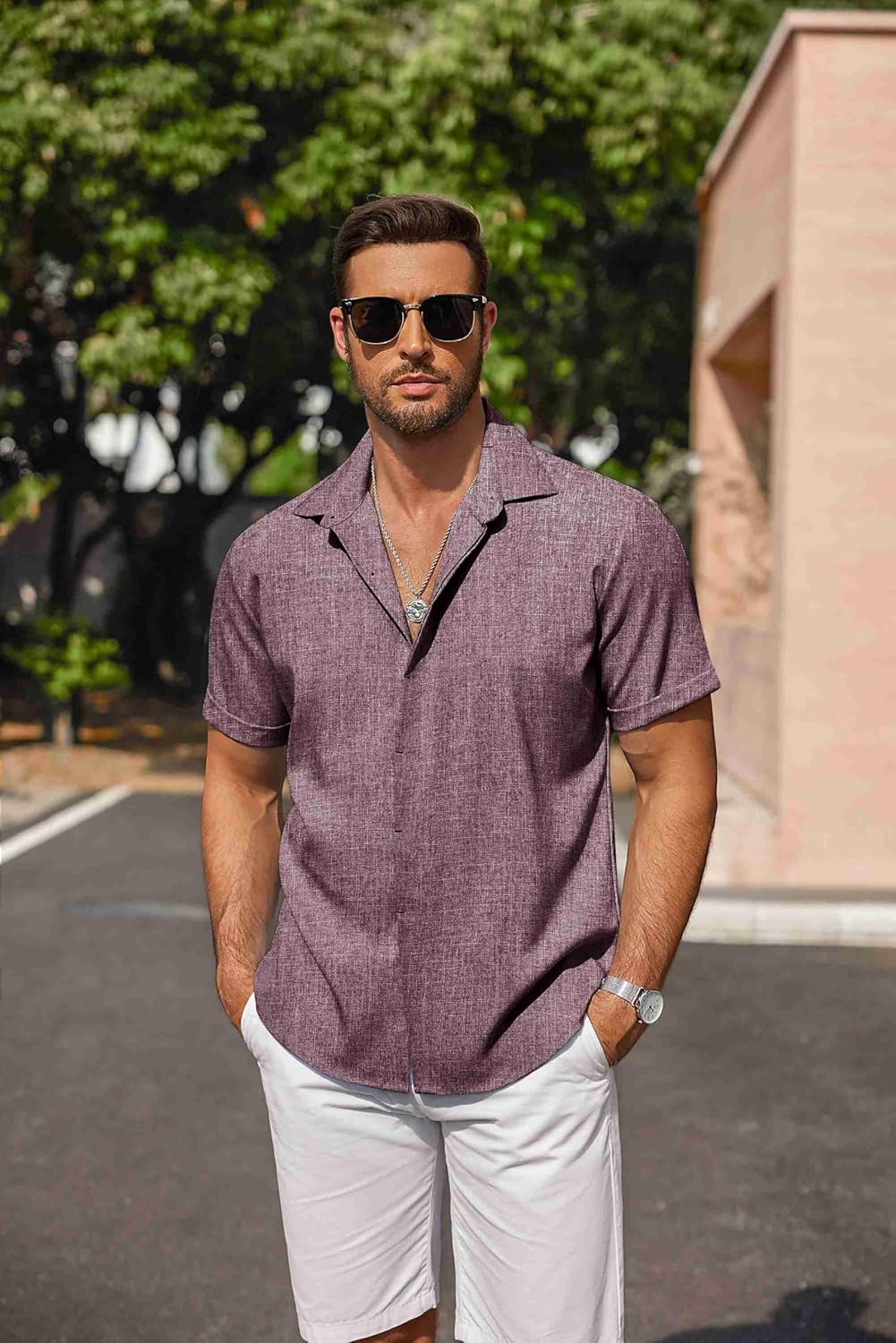 Men's Linen Shirts Short Sleeve Casual Shirts Button Down Shirt for Men Beach Summer Wedding Shirt