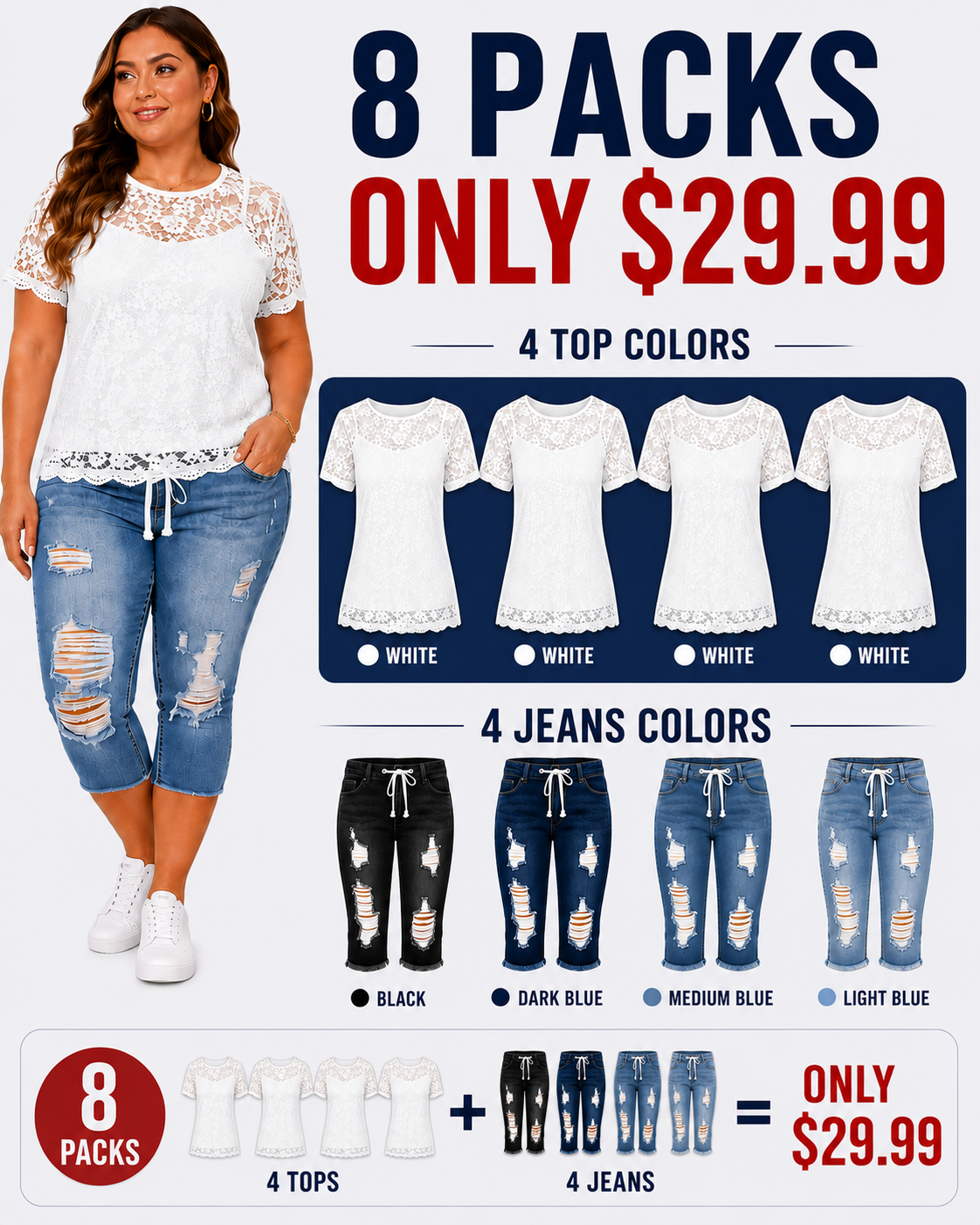 Fashion Distressed Ripped Capri Jeans Plus Size Casual High-Waisted Drawstring Waist Denim Cropped Pants + Lace cutout top