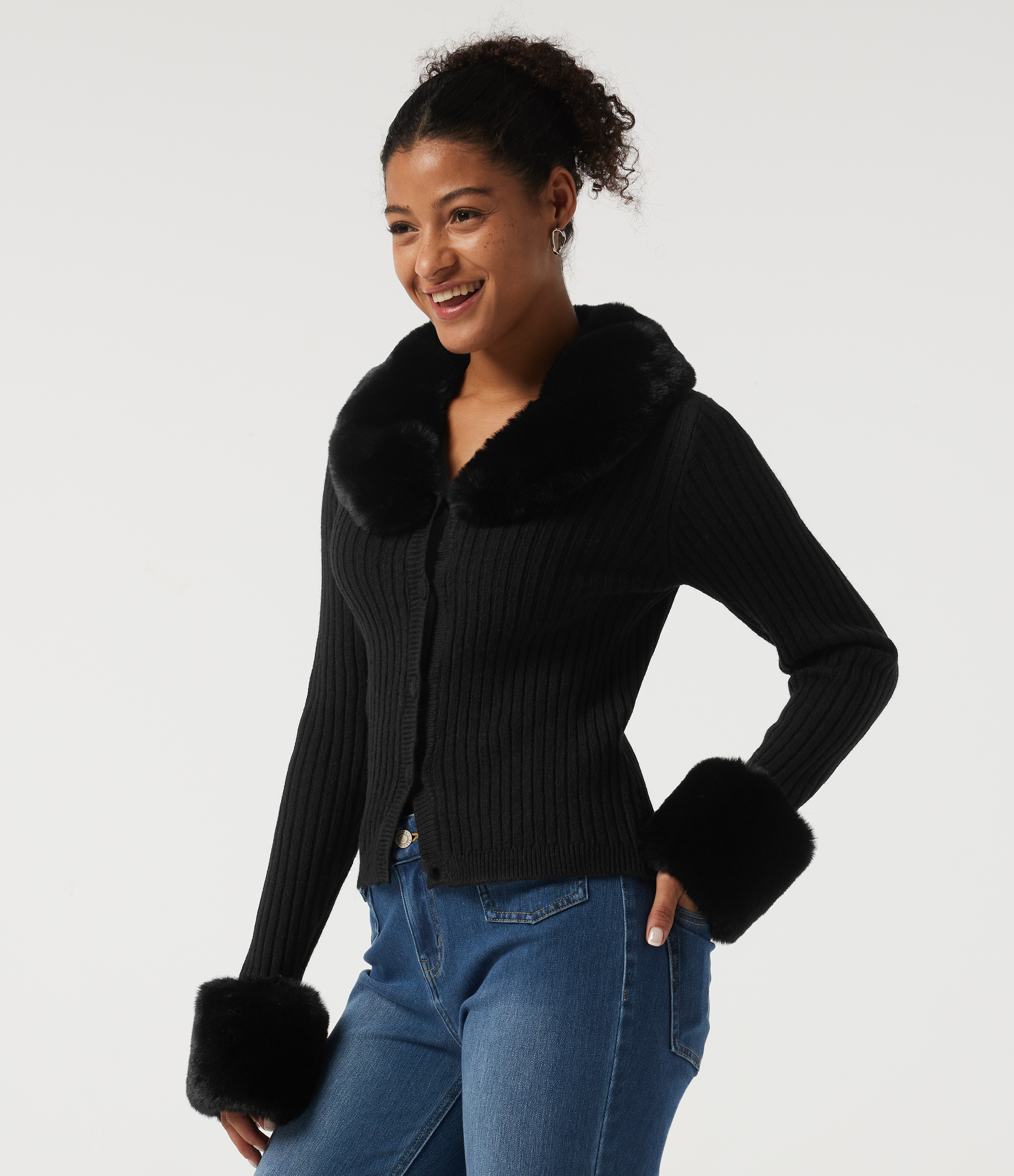 Ribbed Knit Round Neck Long Sleeve Casual Cardigan