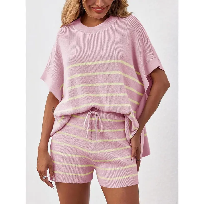 ⏰24HR 90% OFF🔥 Women's Striped 2 Piece Outfits Oversized Batwing Short Sleeve Tops High Waisted Shorts Summer Knit Lounge Short Sets