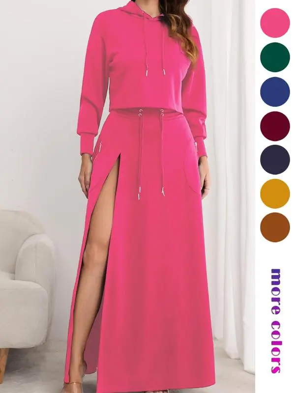 Women's Solid Drawstring Hoodie & Split Thigh Skirt Set, Long Sleeve Top & Pocket Long Skirt, Casual Fashion Cozy Co-ord Set, Women Clothes