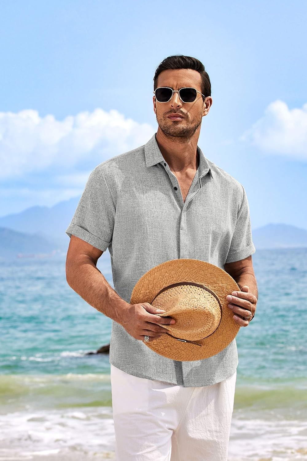 Men's Linen Shirts Short Sleeve Casual Shirts Button Down Shirt for Men Beach Summer Wedding Shirt