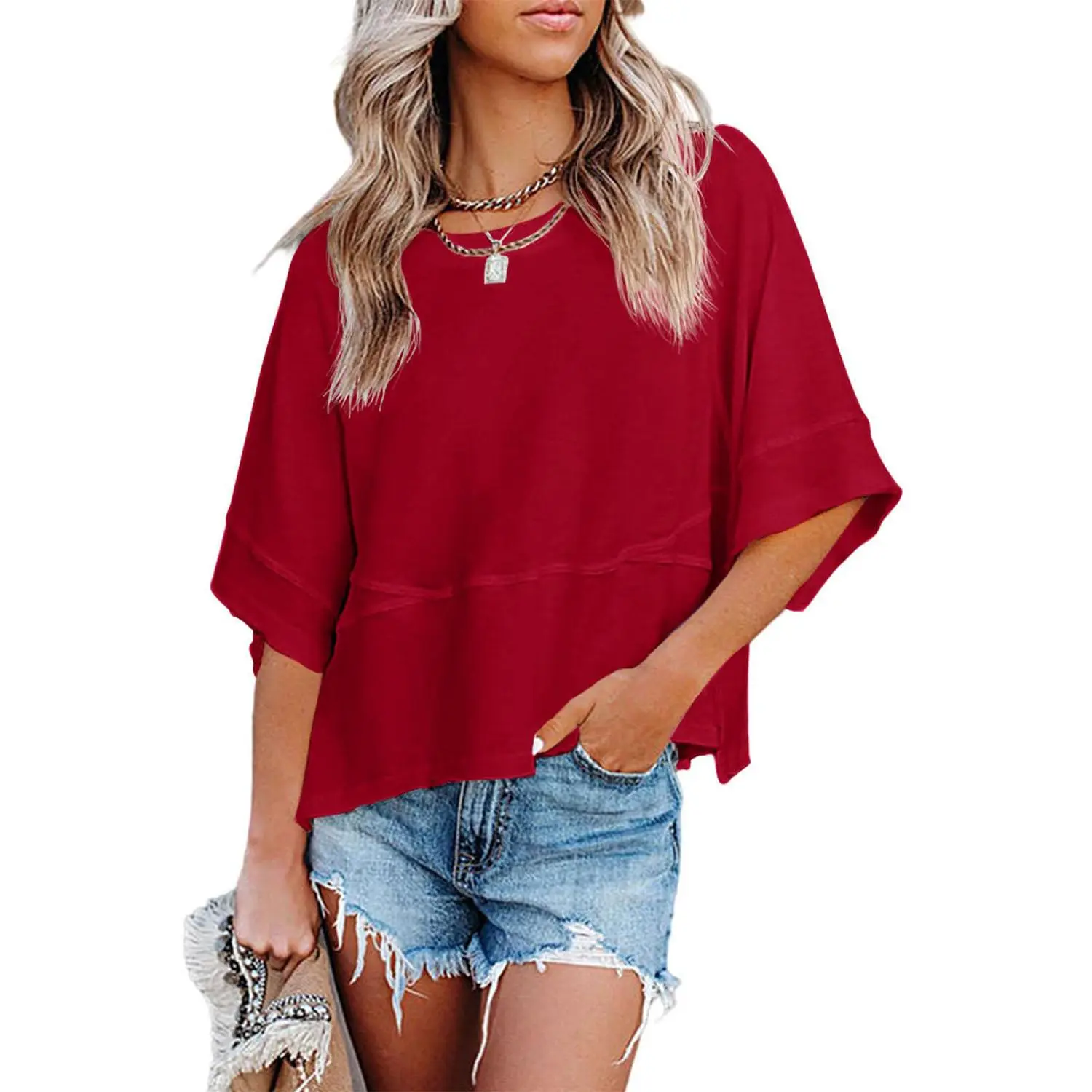 🔥Women's Summer Casual Crewneck Batwing Half Sleeve T-Shirts Solid Color Loose Fit Cute Basic Flowy Tops Tees Blouses