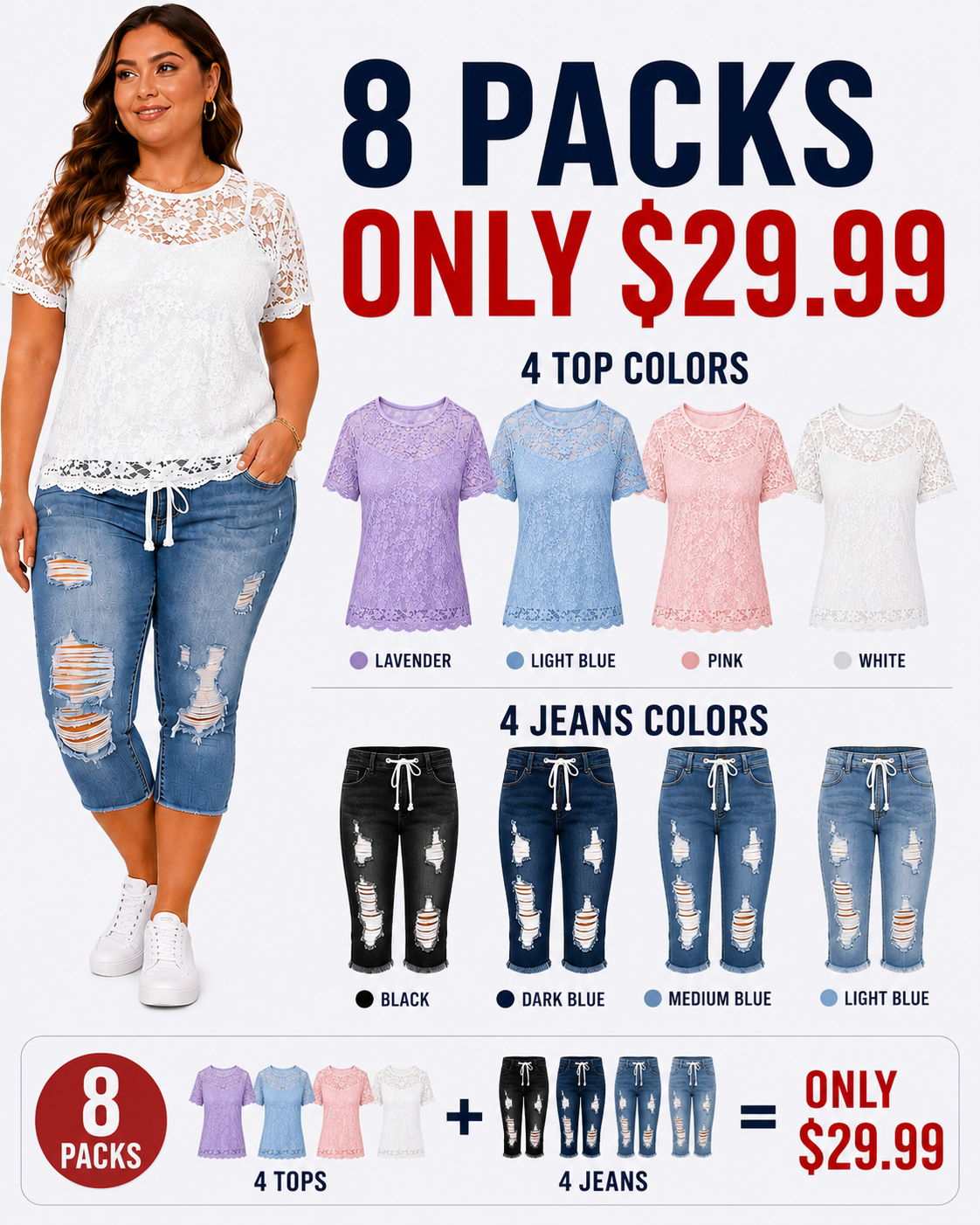 Fashion Distressed Ripped Capri Jeans Plus Size Casual High-Waisted Drawstring Waist Denim Cropped Pants + Lace cutout top