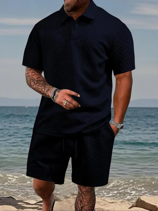 Men's Solid Polo & Drawstring Shorts Set Cozy, Breathable for Daily/Beach, Summer Casual