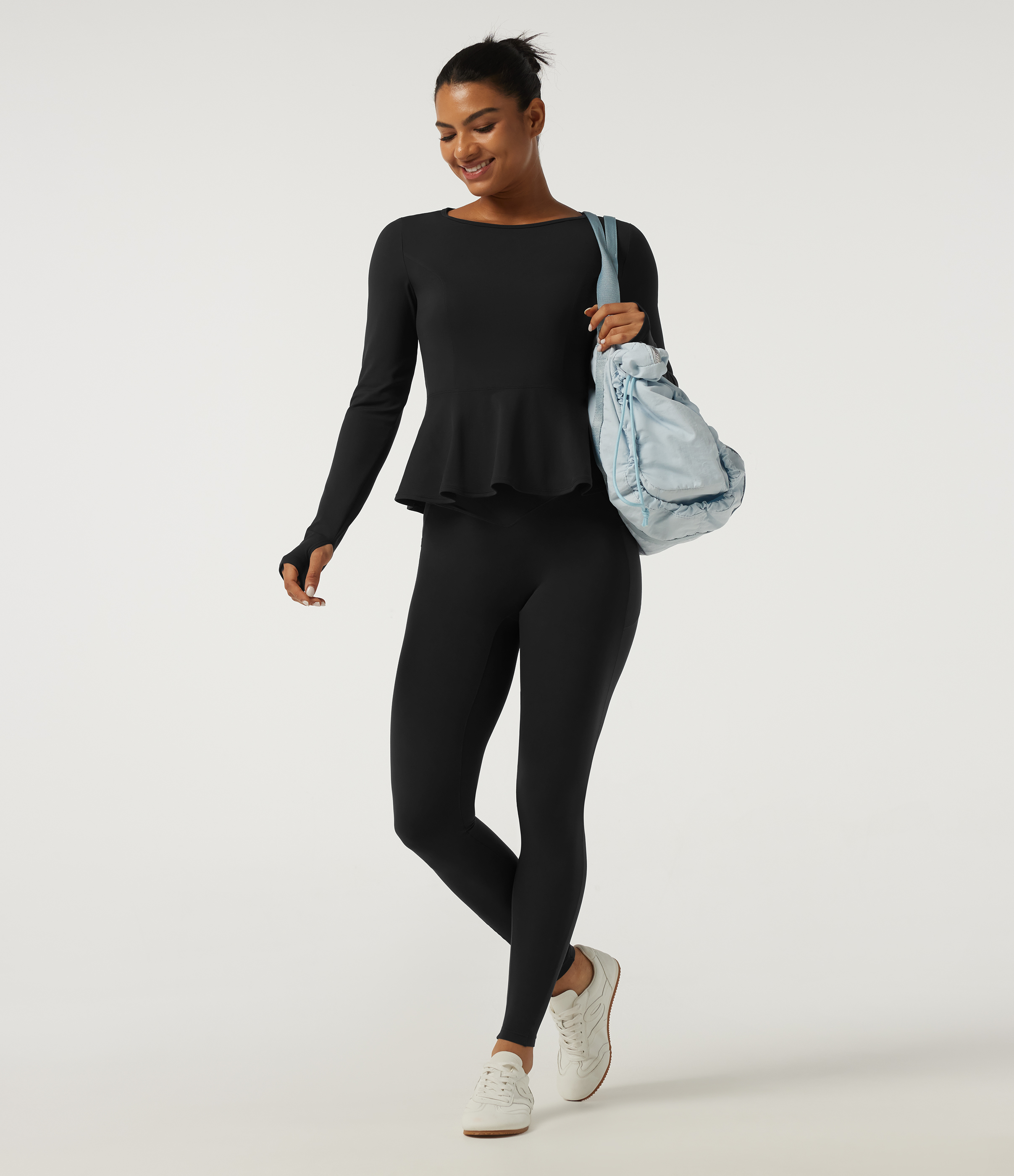 Round Neck Long Sleeve Ruffle Hem Yoga Sports Top with Thumbholes