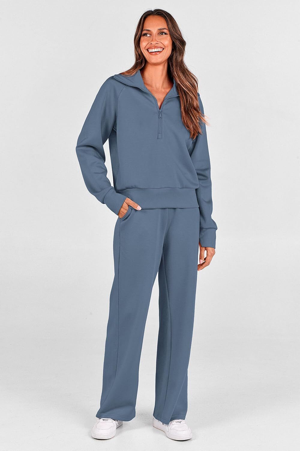 Women's 2 Piece Outfits Casual Lapel Half Zip Sweatshirts And Wide Leg Pants Tracksuit Sets