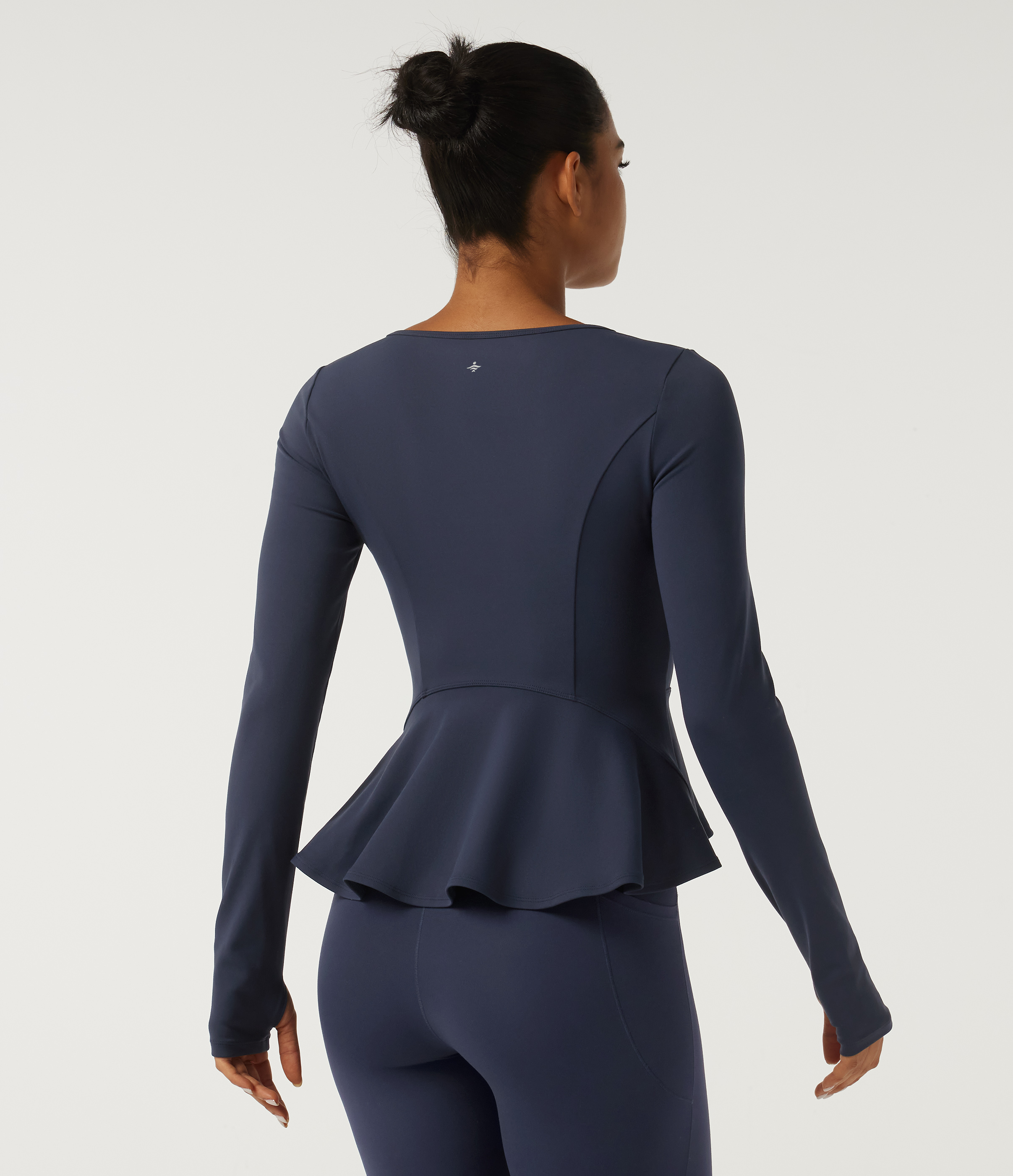 Round Neck Long Sleeve Ruffle Hem Yoga Sports Top with Thumbholes