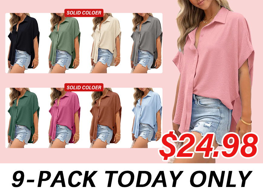 Women's Casual Button Short Sleeve Slit Hem Shirt Solid Color Tops