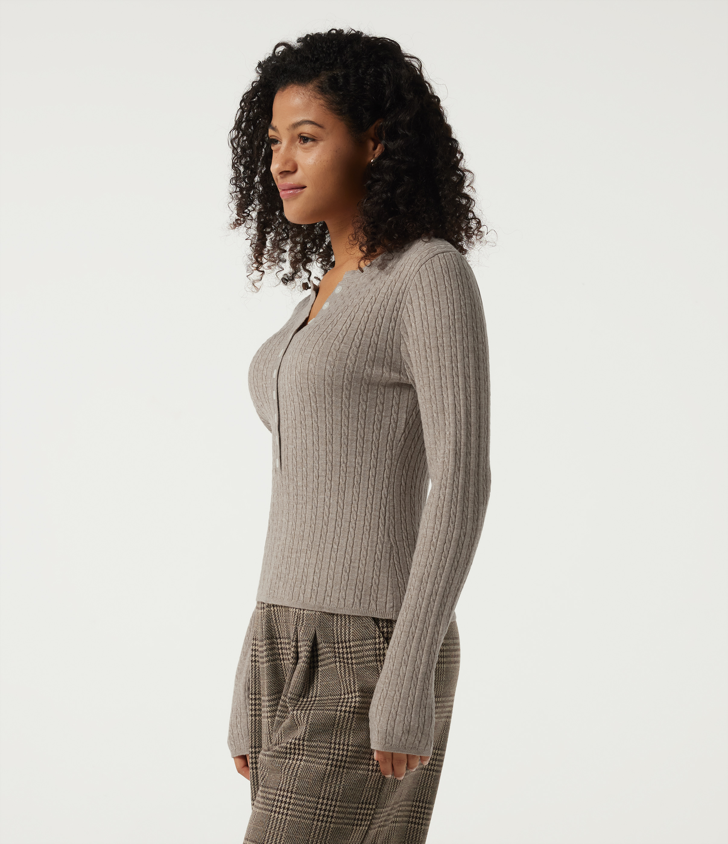 Henley Neck Cable Stitch Long Sleeve Work Sweater