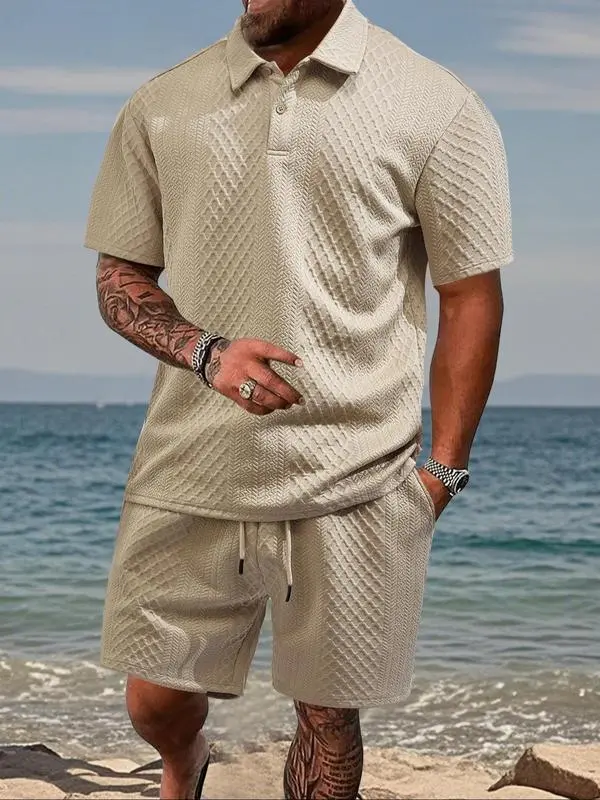 Men's Solid Polo & Drawstring Shorts Set Cozy, Breathable for Daily/Beach, Summer Casual