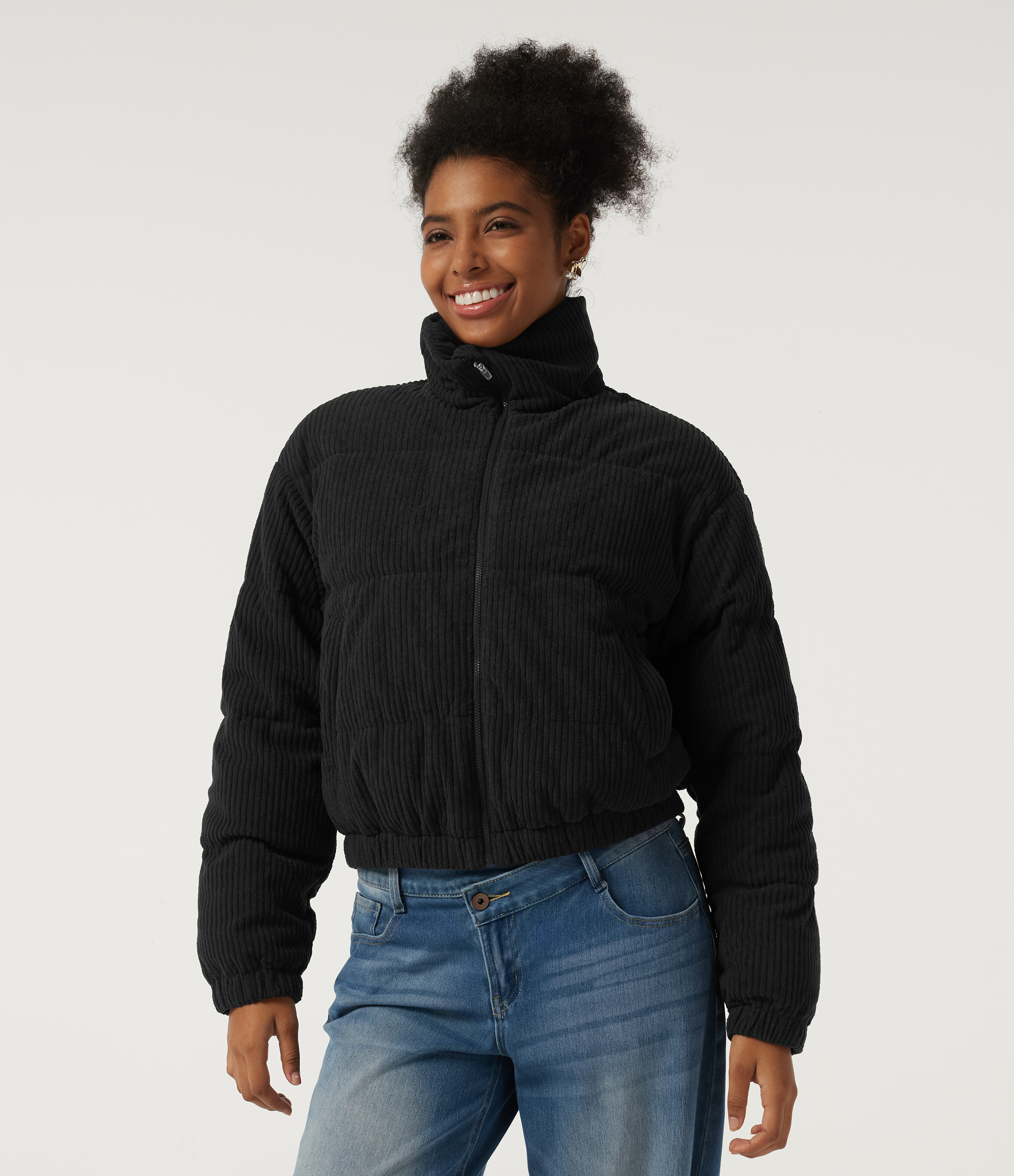 Stand Collar Corduroy Casual Puffer Jacket with Pockets