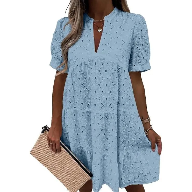 Women’s Summer Lace Dresses Eyelet Casual Flowy Babydoll Swing Short Sleeve V Neck Tunic Dress