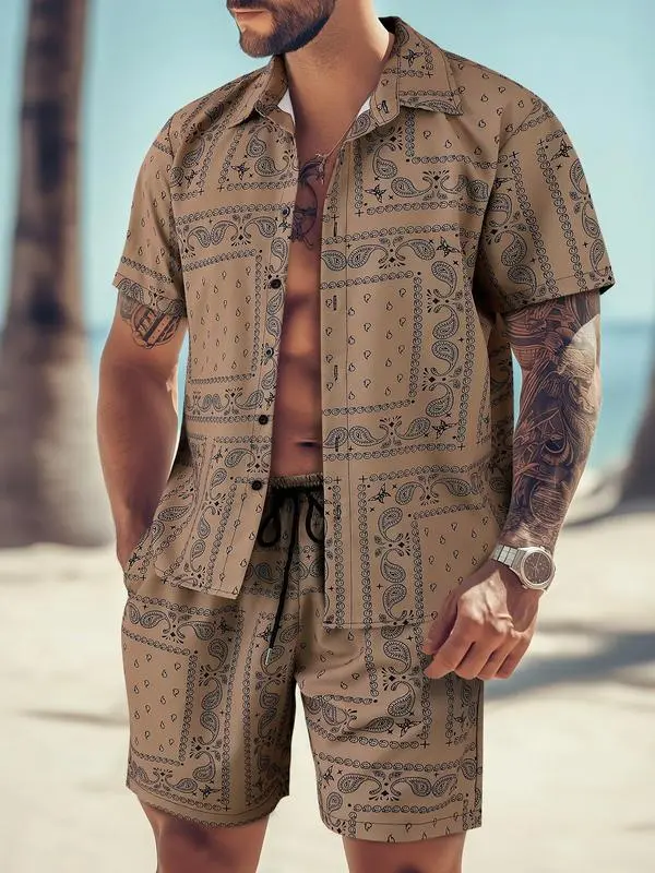 Men's All-Over Print Shirt & Shorts Set Casual Button Collar, Drawstring Waist, Tropical Summer