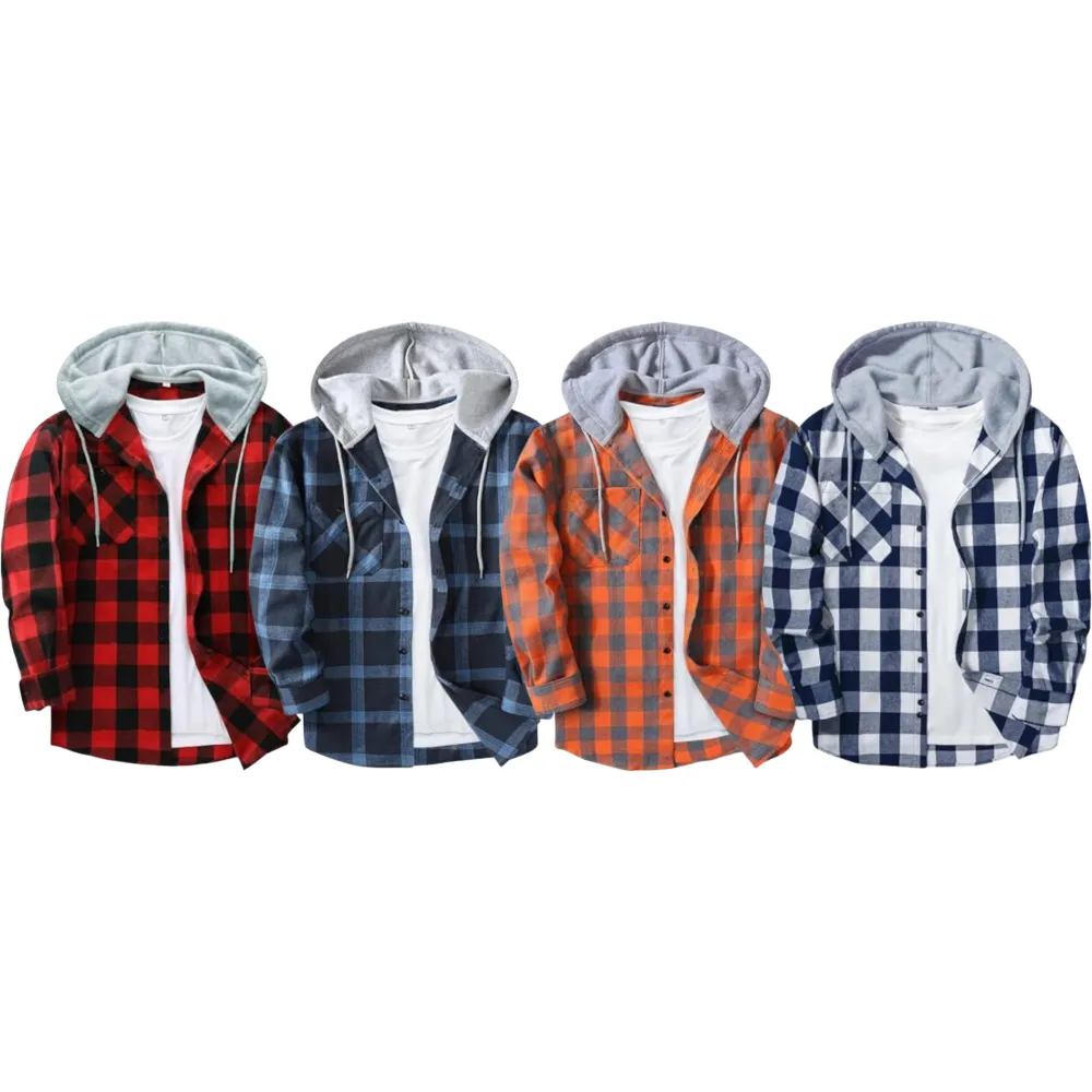 Men’s Plus Size Plaid Patchwork Hooded Jacket – Button Front Casual Outerwear with Pockets