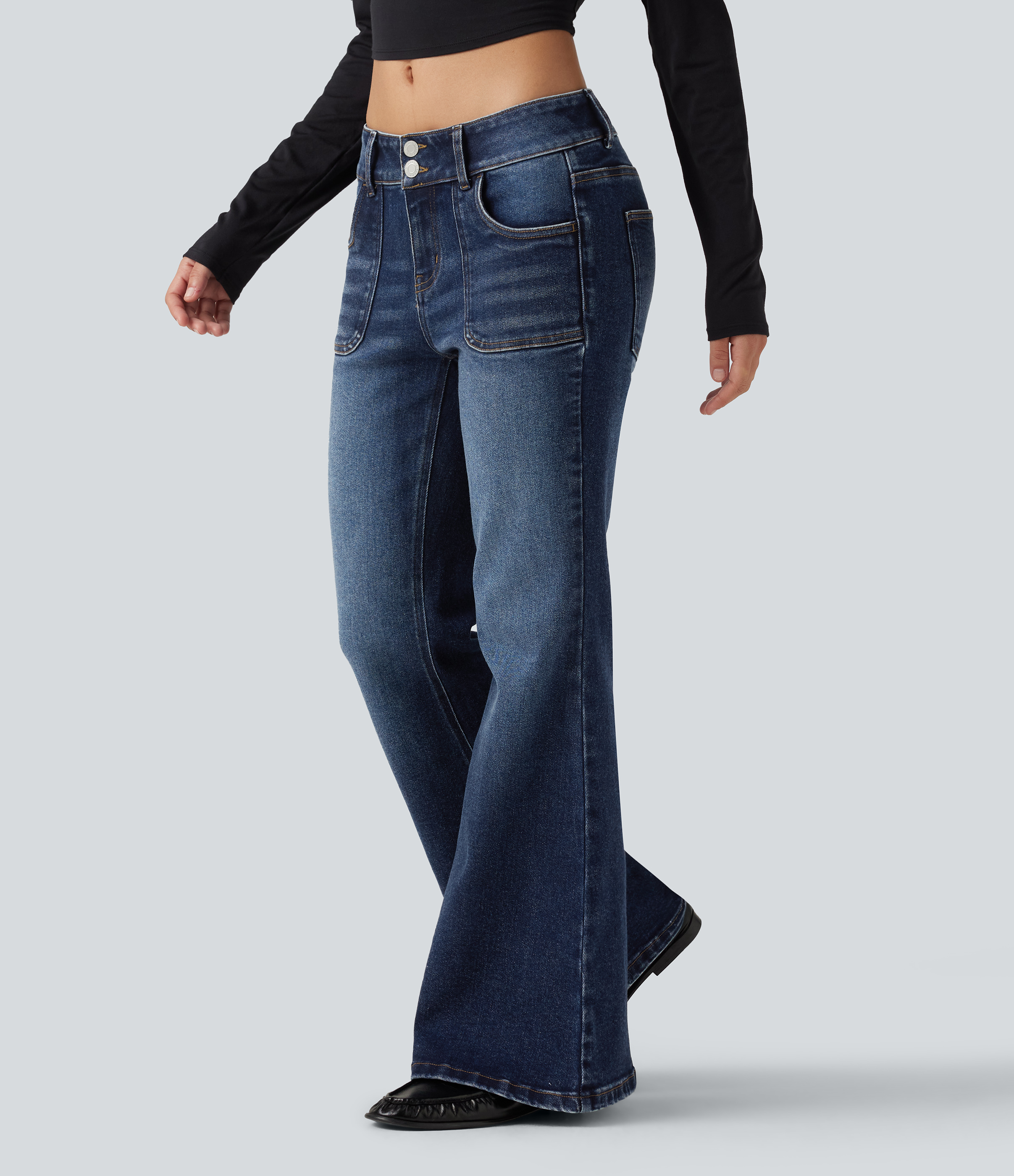 Low Rise Flare Casual Jeans with Pockets