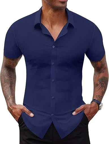 Men's Short Sleeve Stretch Slim Fit Casual Button Down Shirts
