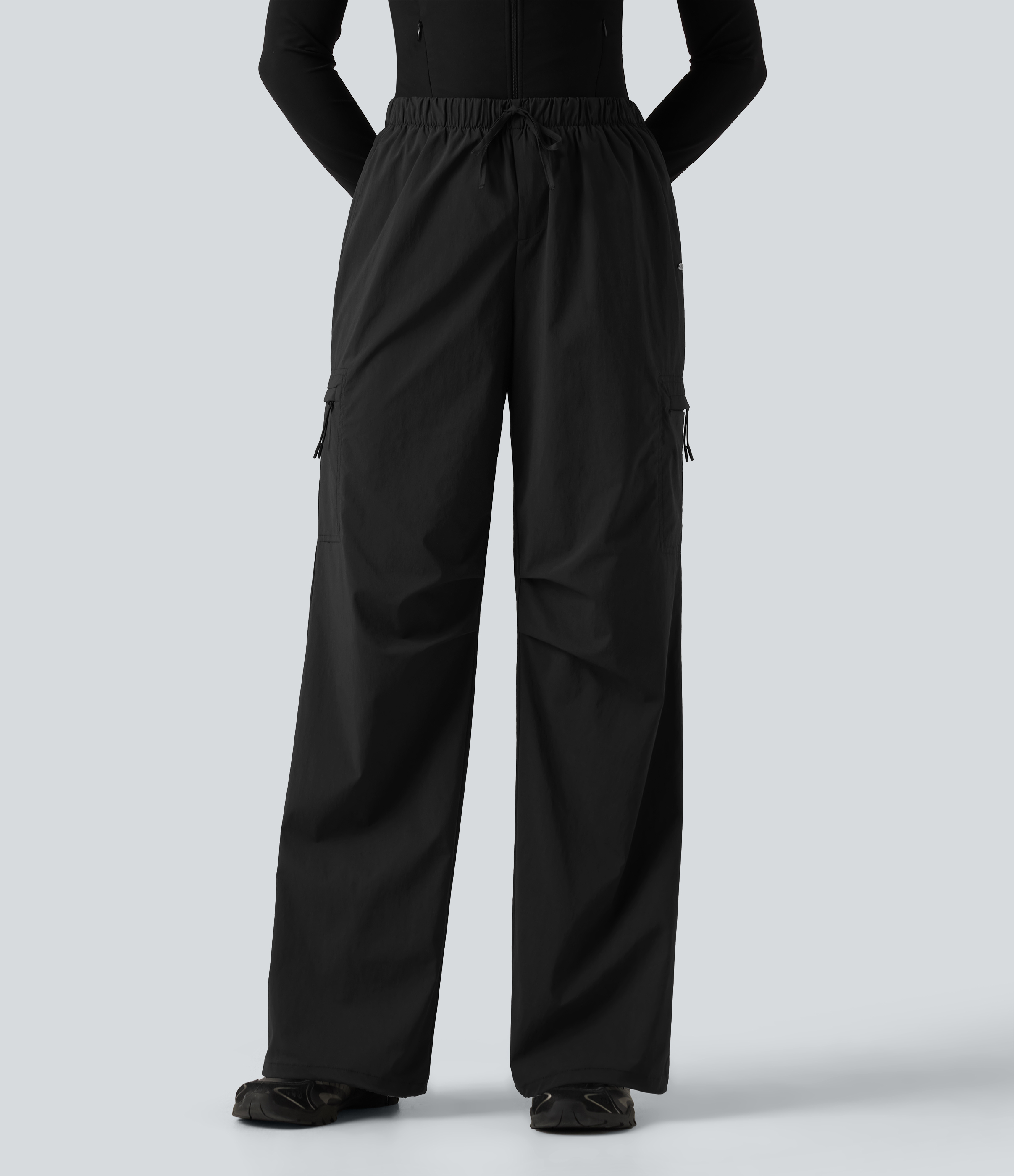 Mid Rise Drawstring Ruched Wide Leg Hiking Pants with Pockets