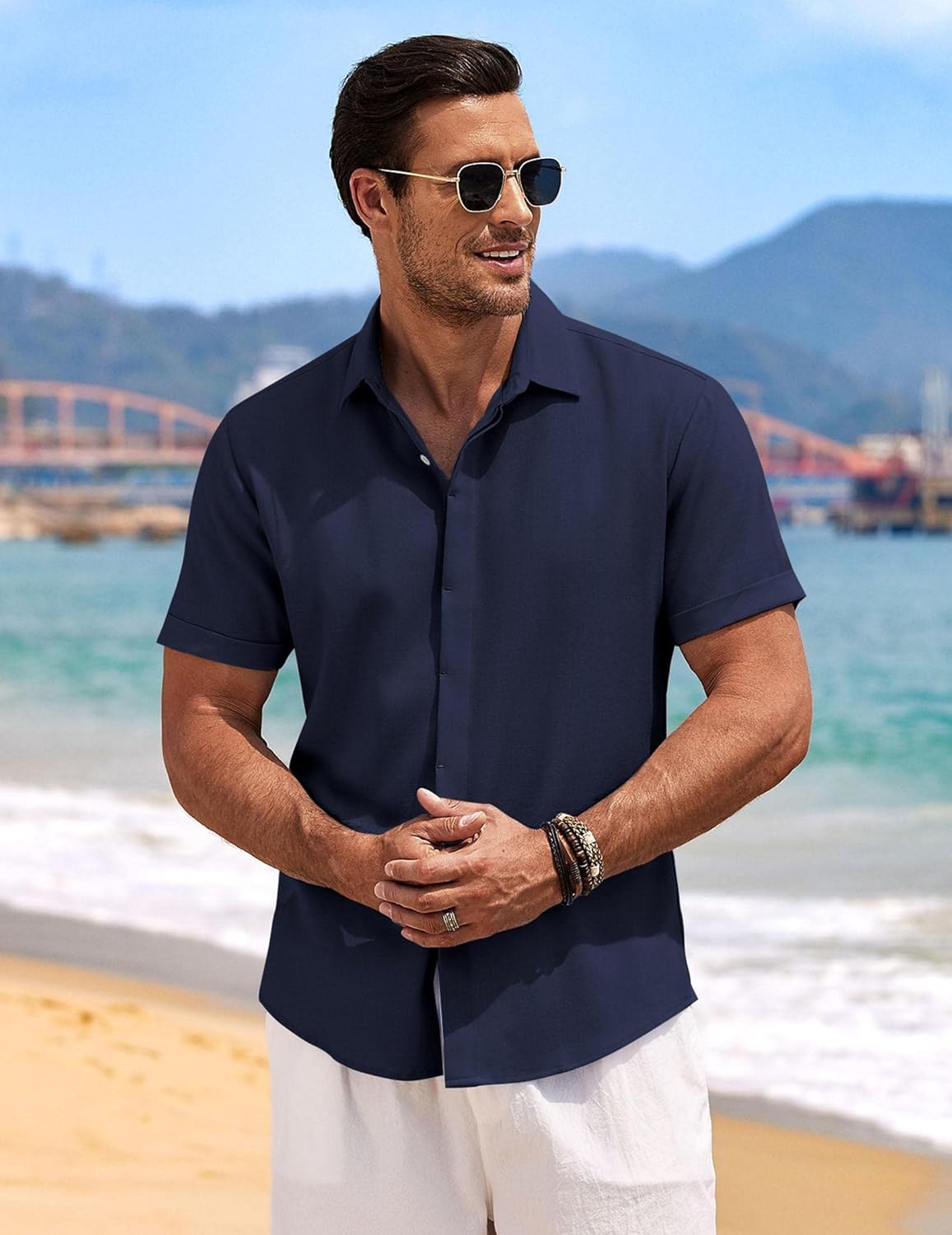 Men's Linen Shirts Short Sleeve Casual Shirts Button Down Shirt for Men Beach Summer Wedding Shirt