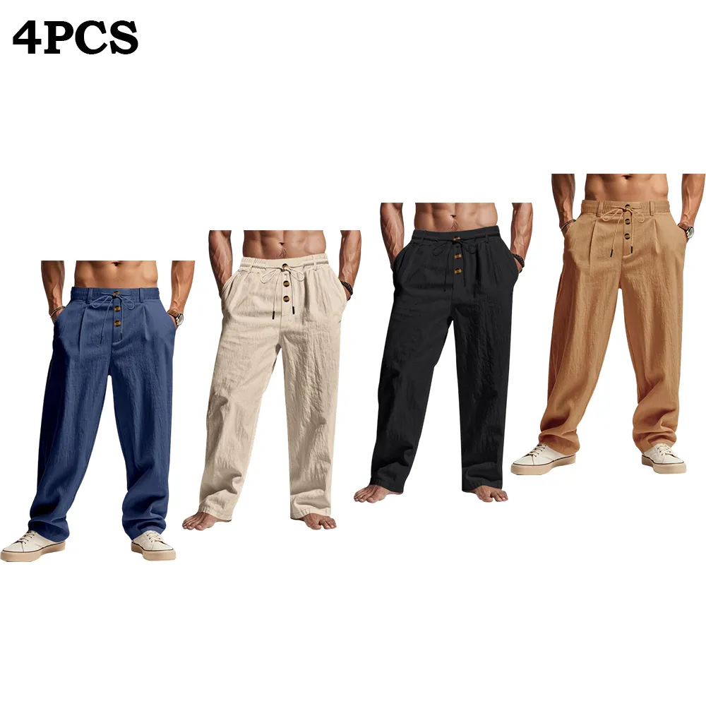 Men's Solid Button Design Linen Pants