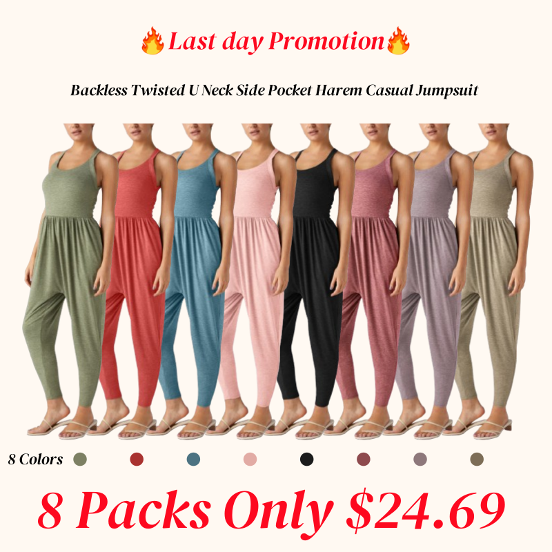 💝Last day promotion-⏰Backless Twisted U Neck Side Pocket Harem Casual Jumpsuit-Easy Peezy Edition