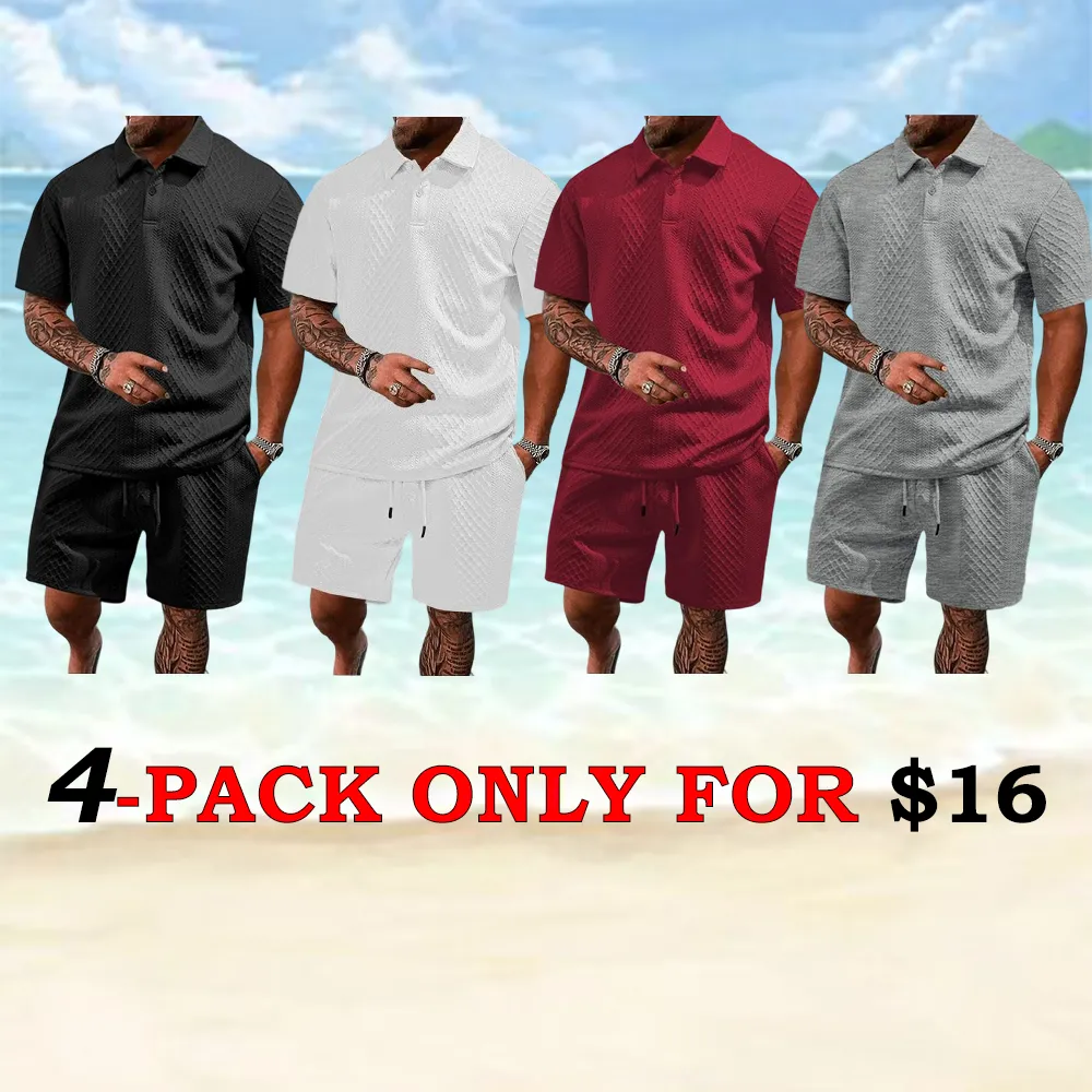 Men's Solid Polo & Drawstring Shorts Set Cozy, Breathable for Daily/Beach, Summer Casual
