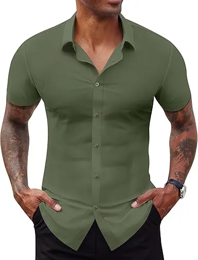 Men's Short Sleeve Stretch Slim Fit Casual Button Down Shirts