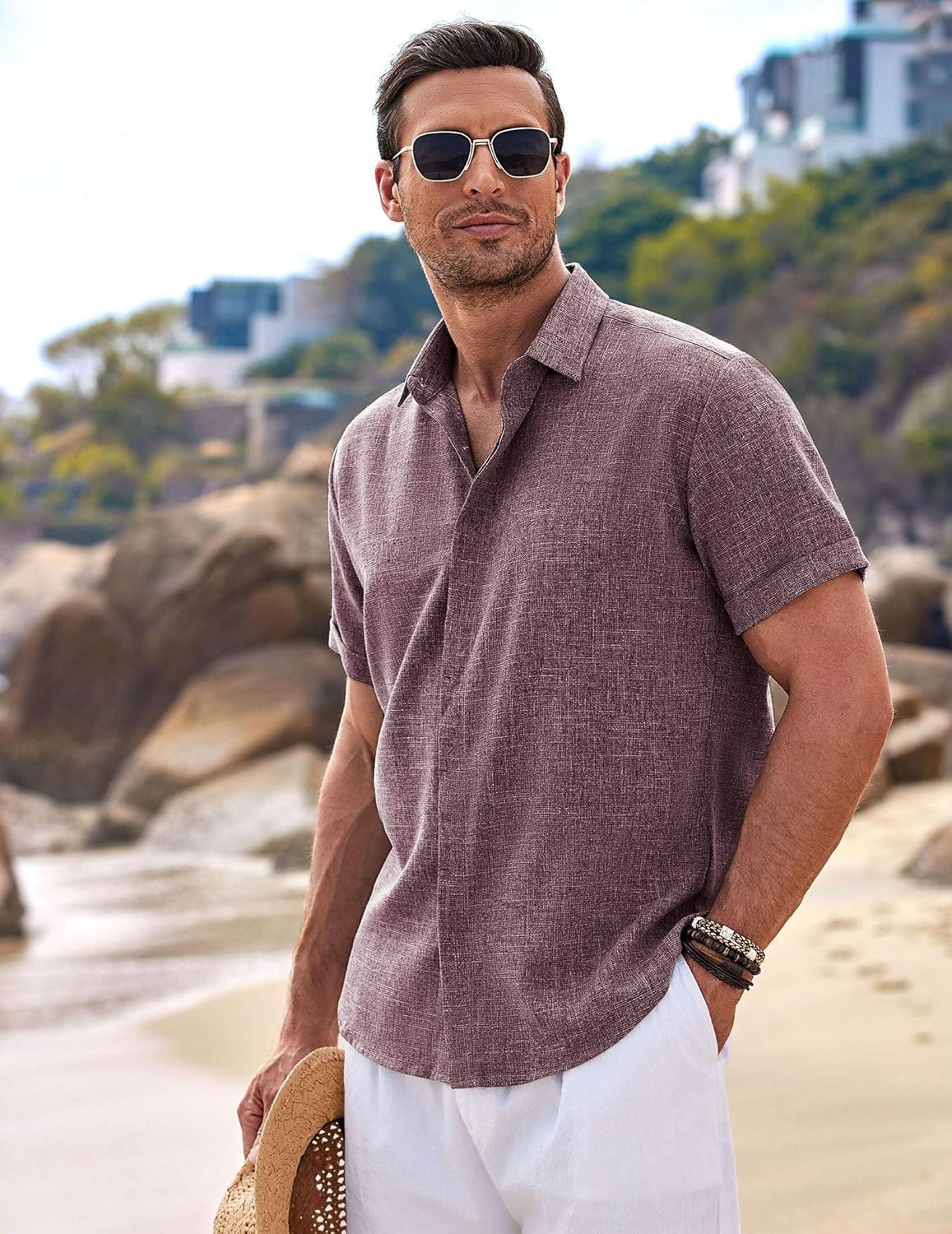 Men's Linen Shirts Short Sleeve Casual Shirts Button Down Shirt for Men Beach Summer Wedding Shirt