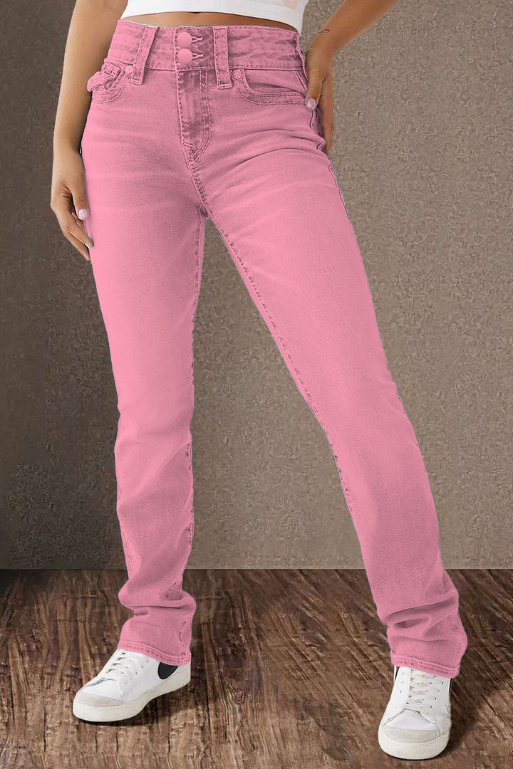 Double Button Mid Waist Straight Leg Jeans