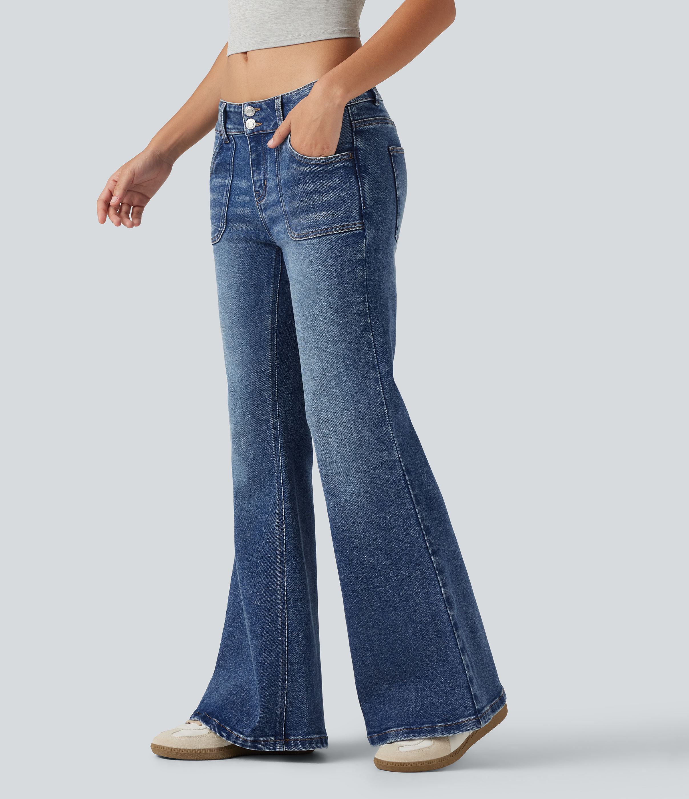 Low Rise Flare Casual Jeans with Pockets