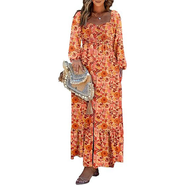🔥2025 CRAZY DEAL🔥Spring Dresses for Women 2025 Boho Floral Smocked Square Neck Long Sleeve Button Down Beach Long Maxi Dress