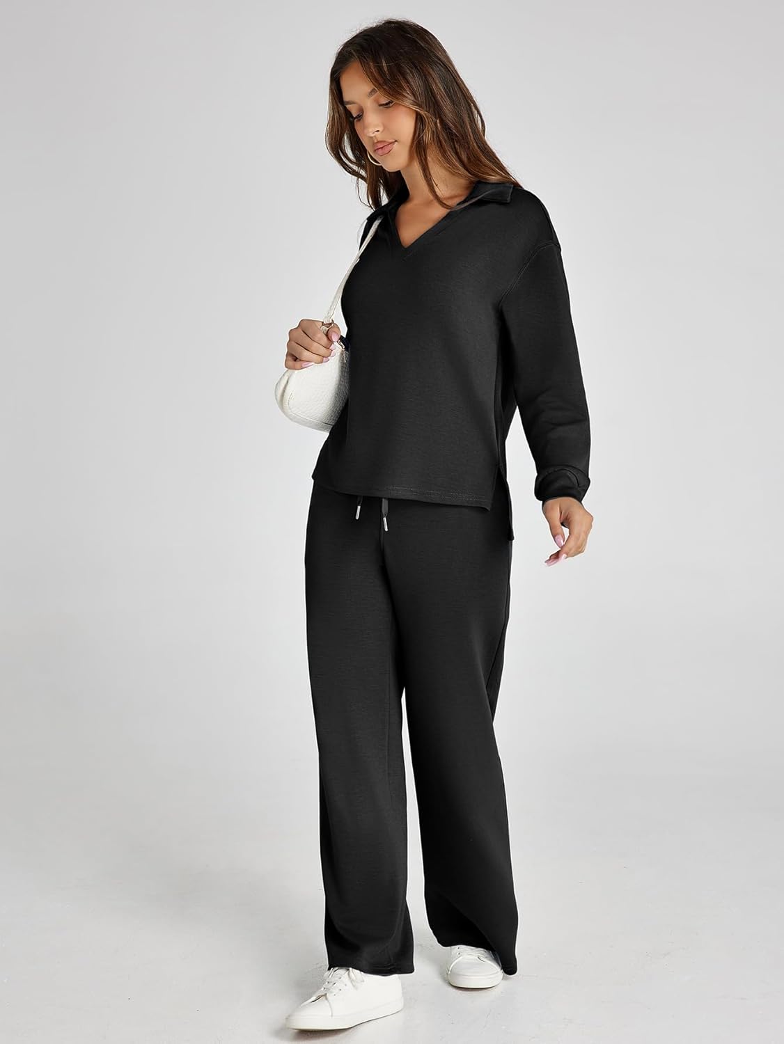 Women's 2 Piece Sets Outfits Casual Long Sleeve Sweatsuits Polo Top and Wide Leg Pants Matching Sets