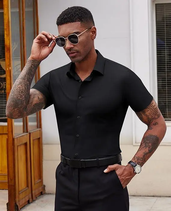 Men's Short Sleeve Stretch Slim Fit Casual Button Down Shirts