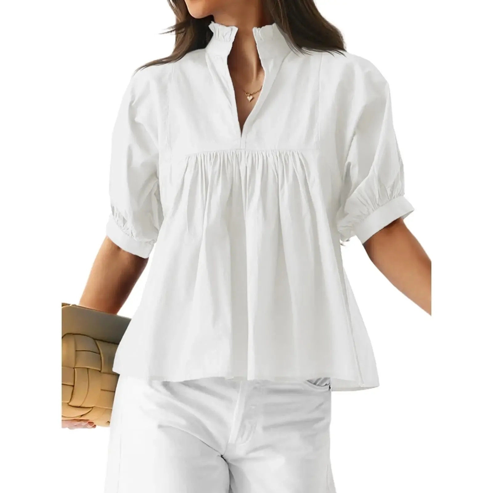 Womens V Neck Puff Sleeve Blouse Babydoll Peplum Tops Dressy Casual Pleated Loose Fit Shirts