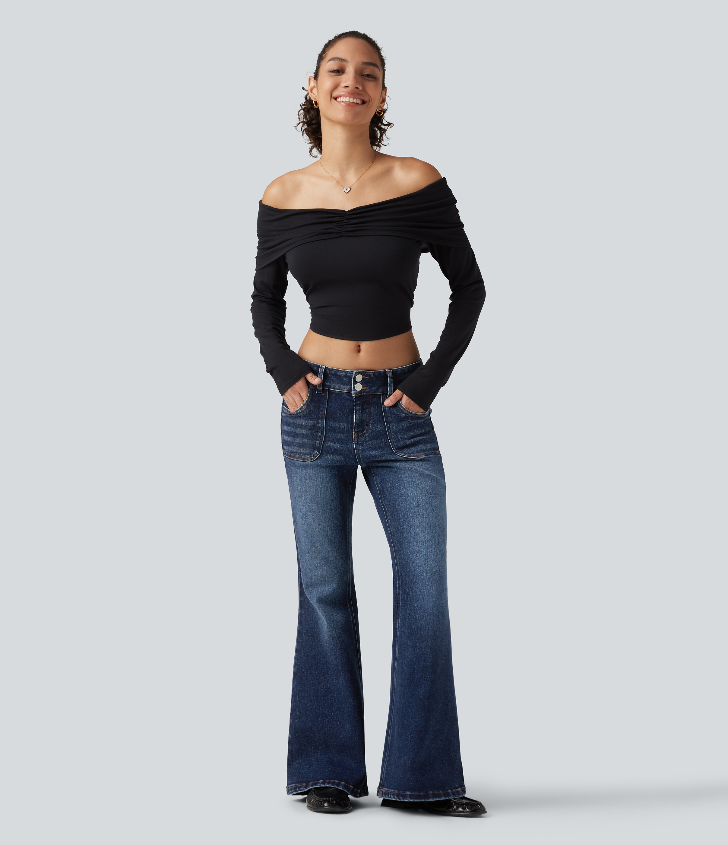 Low Rise Flare Casual Jeans with Pockets