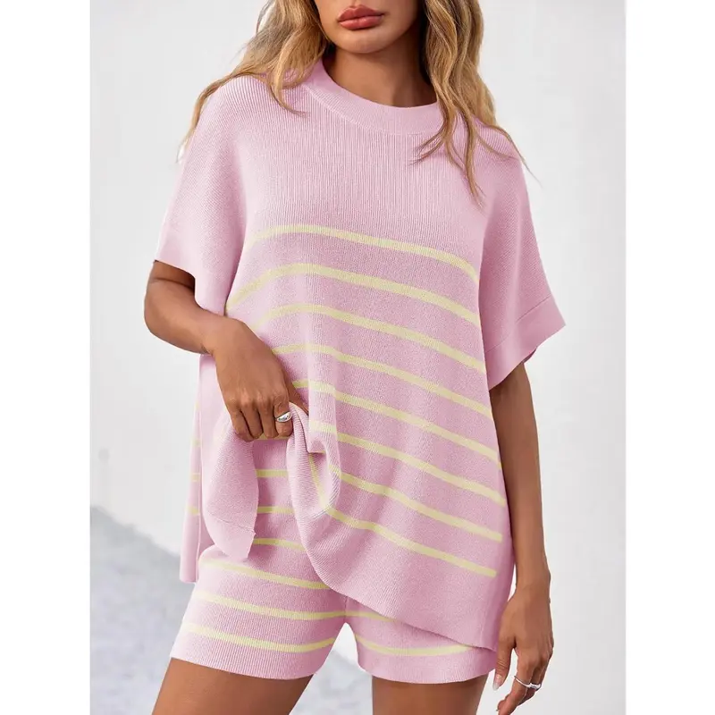 ⏰24HR 90% OFF🔥 Women's Striped 2 Piece Outfits Oversized Batwing Short Sleeve Tops High Waisted Shorts Summer Knit Lounge Short Sets