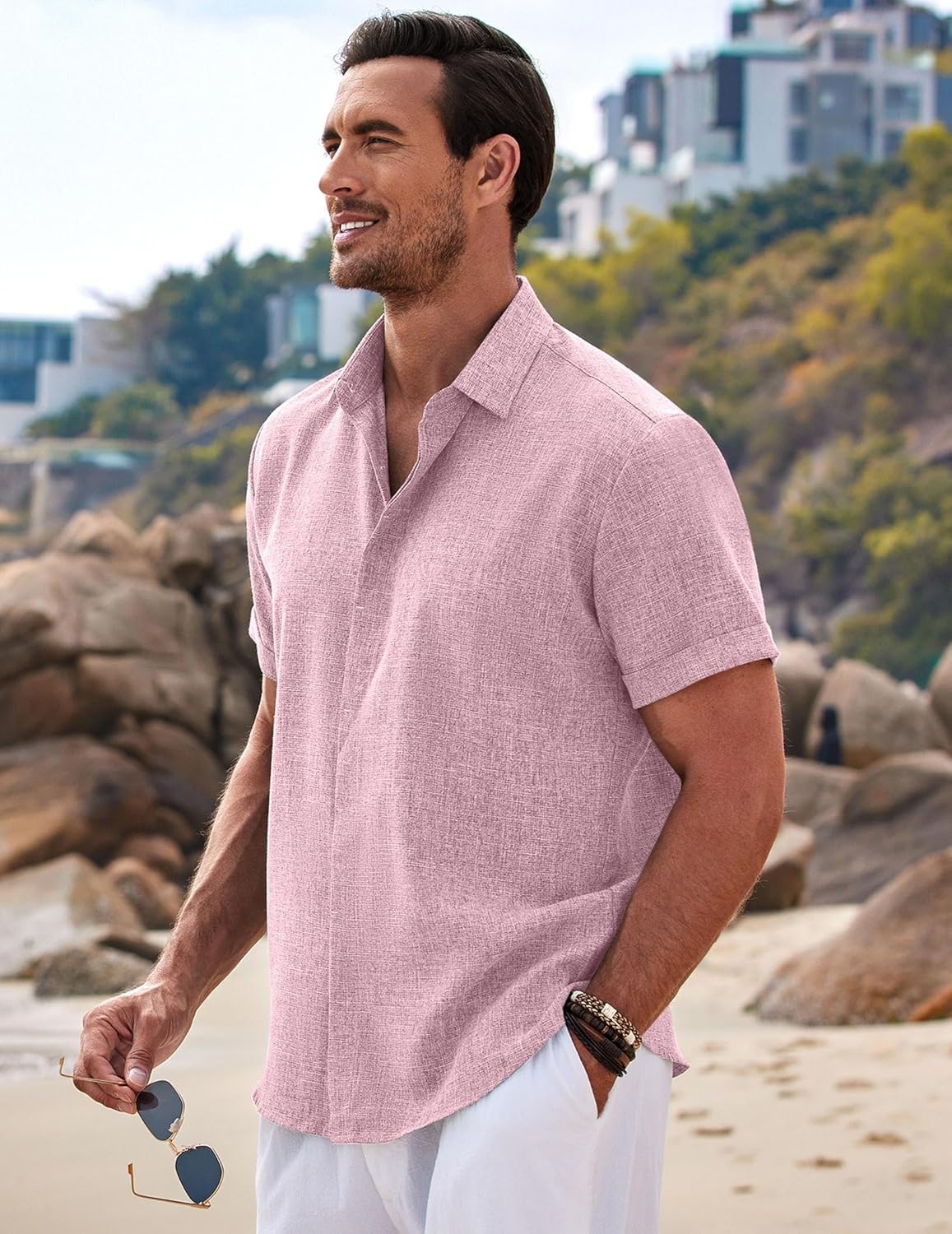 Men's Linen Shirts Short Sleeve Casual Shirts Button Down Shirt for Men Beach Summer Wedding Shirt