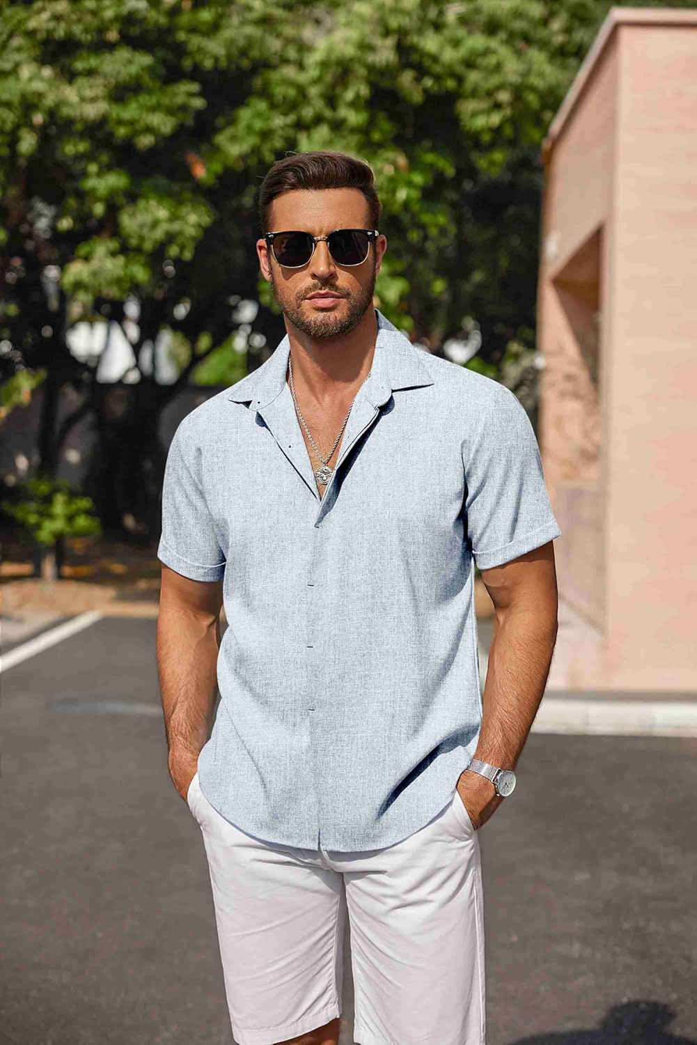 Men's Linen Shirts Short Sleeve Casual Shirts Button Down Shirt for Men Beach Summer Wedding Shirt