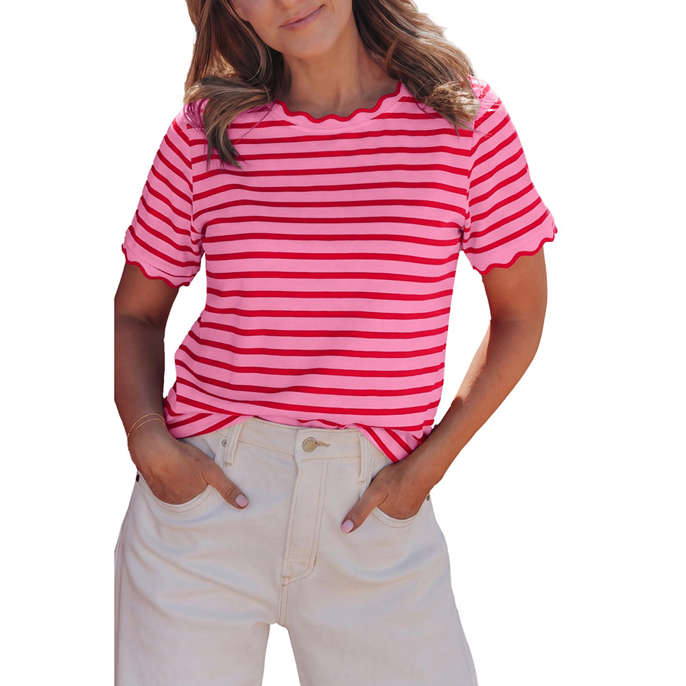 Women's Top Stripe Scalloped Trim Round Neck T Shirt