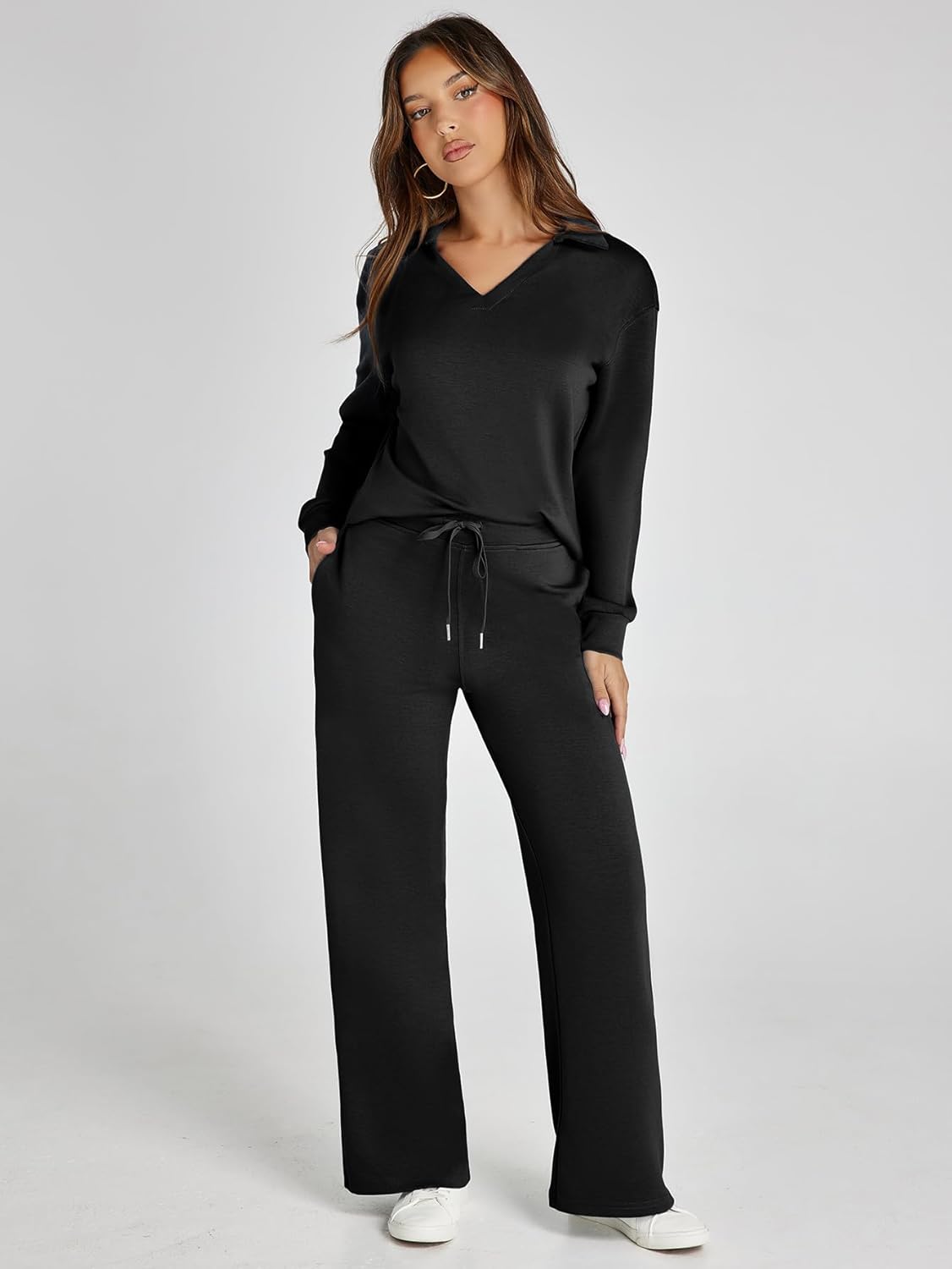 Women's 2 Piece Sets Outfits Casual Long Sleeve Sweatsuits Polo Top and Wide Leg Pants Matching Sets