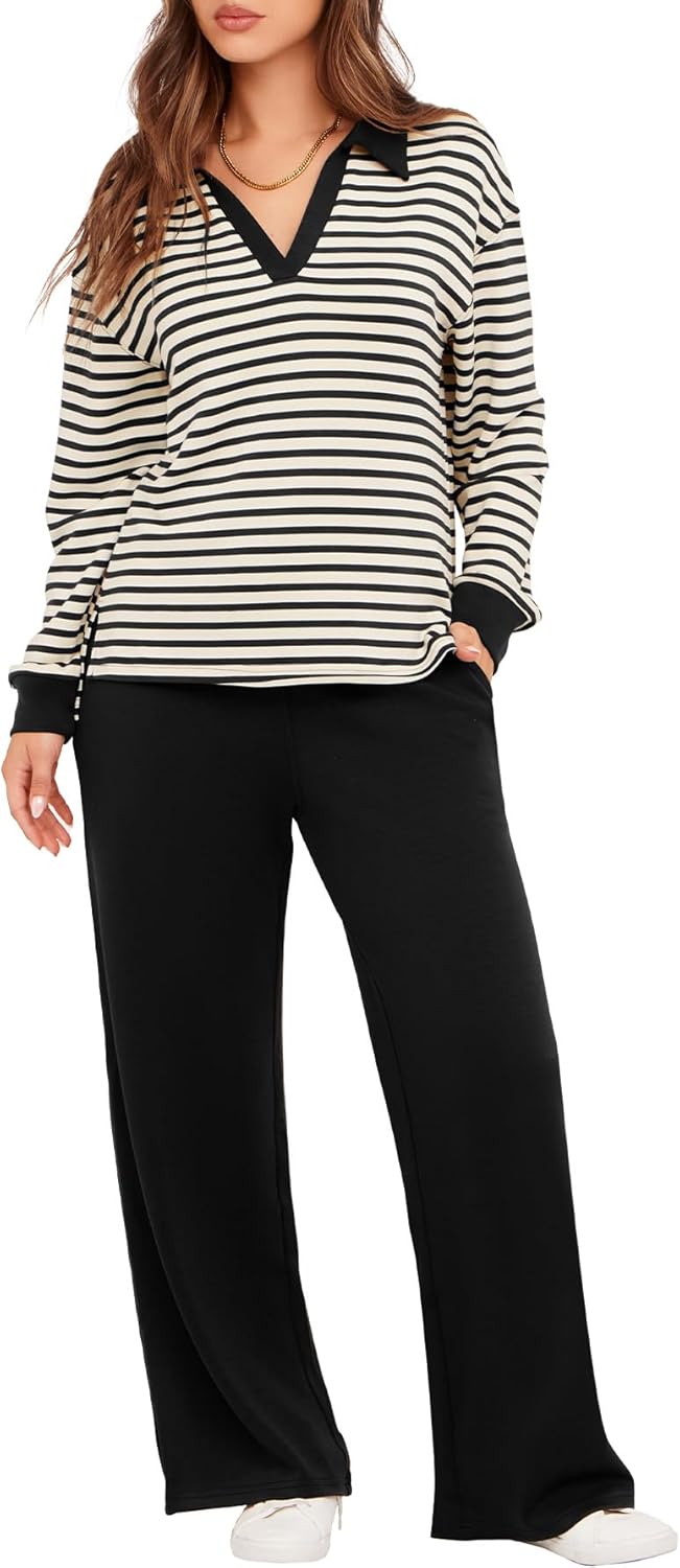 Women's 2 Piece Sets Outfits Casual Long Sleeve Sweatsuits Polo Top and Wide Leg Pants Matching Sets