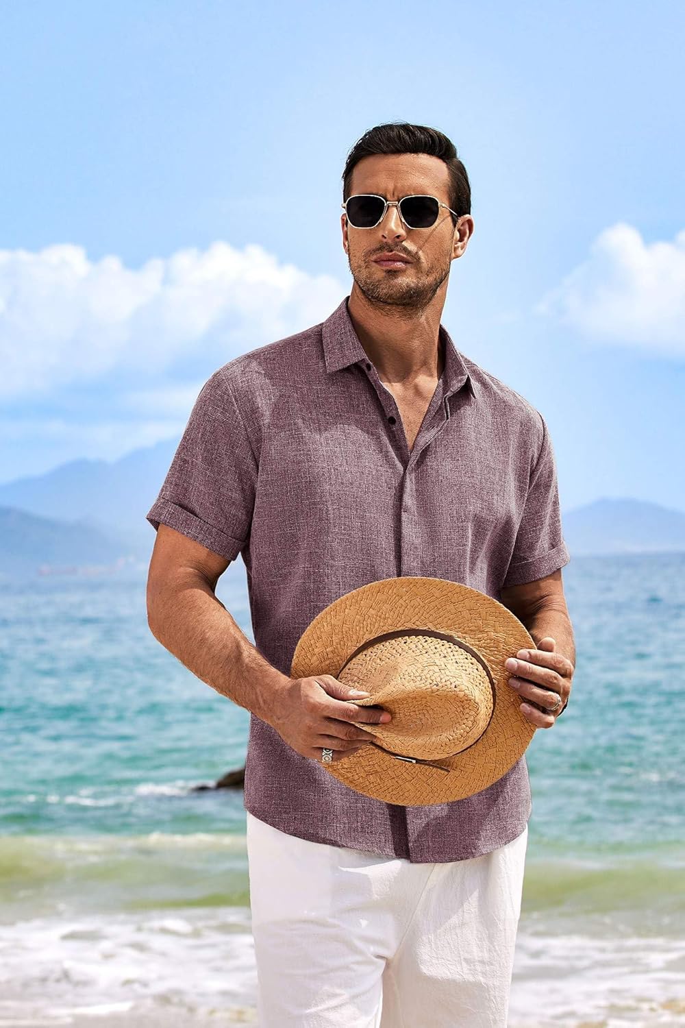Men's Linen Shirts Short Sleeve Casual Shirts Button Down Shirt for Men Beach Summer Wedding Shirt