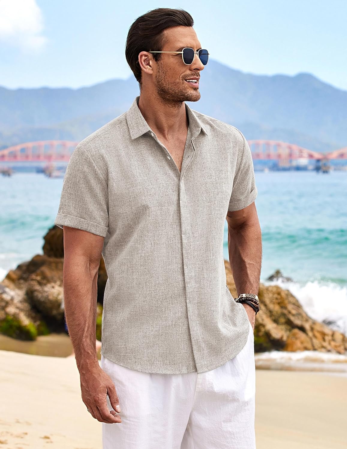 Men's Linen Shirts Short Sleeve Casual Shirts Button Down Shirt for Men Beach Summer Wedding Shirt