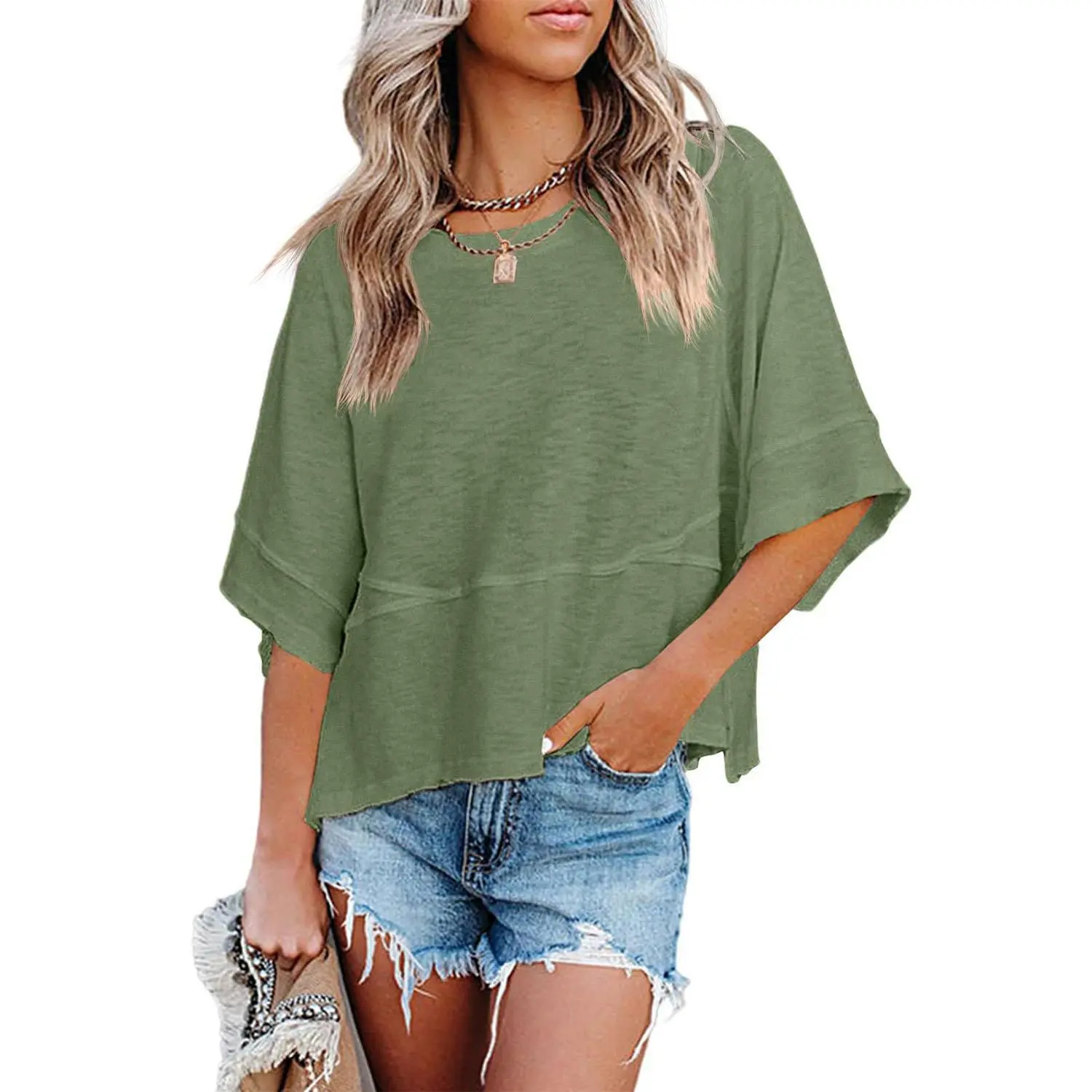 🔥Women's Summer Casual Crewneck Batwing Half Sleeve T-Shirts Solid Color Loose Fit Cute Basic Flowy Tops Tees Blouses
